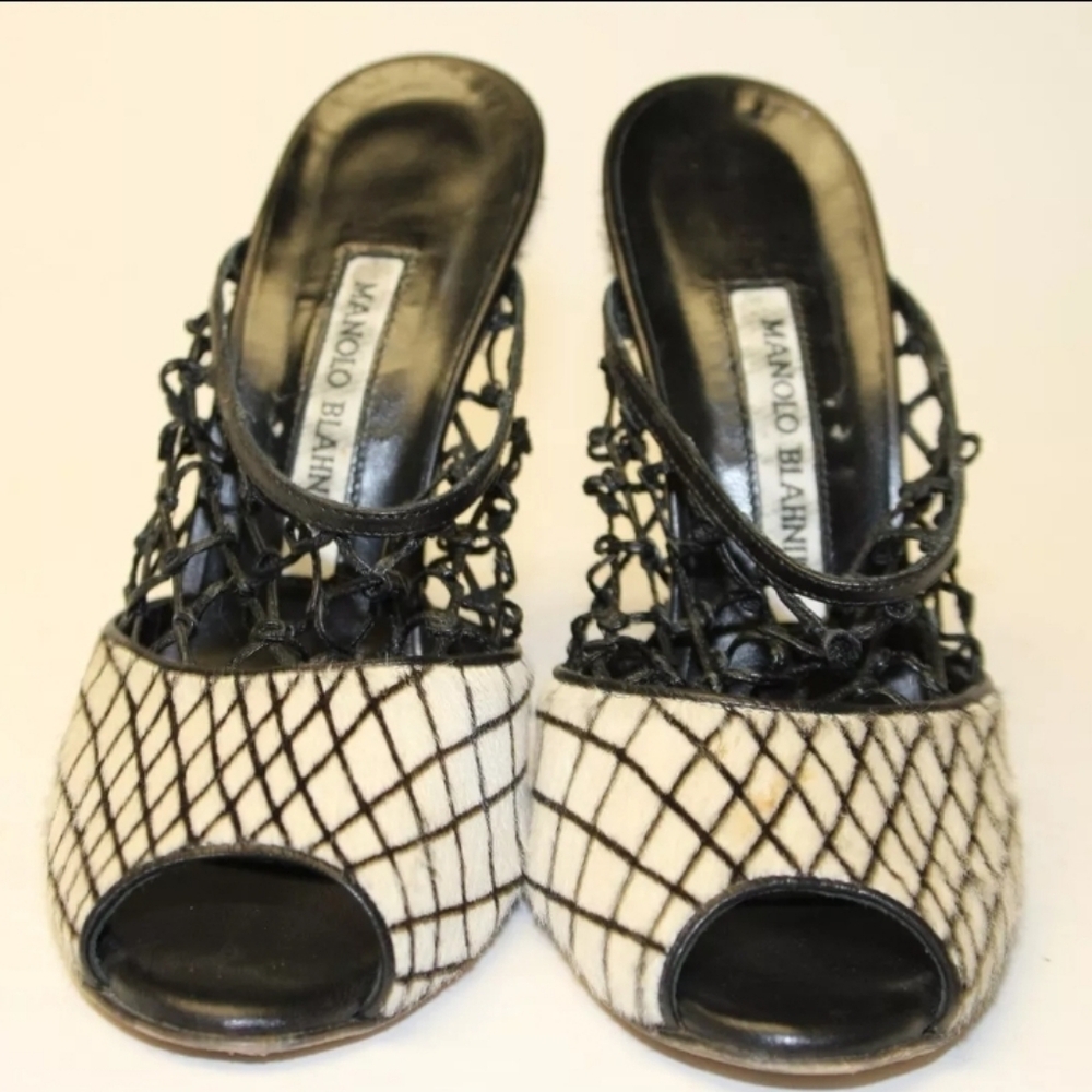 Manolo Blahnik Womens 6.5 HairyLeather Stiletto Slides Italy Shoes - Picture 7 of 16